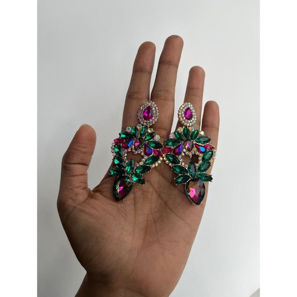Big green fuchsia earring large Ab earrings large rhinestone crystal chandelier - Picture 2 of 7